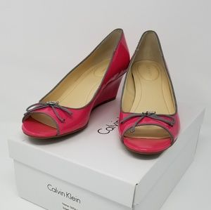Like New! Pink Patent Calvin Klein Peep-Toe Wedges